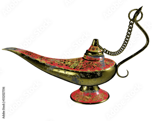 Genie and magic lamp on a white background photo