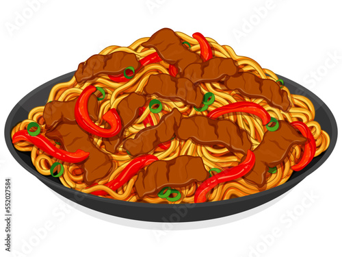 Asian stir fry noodles recipe illustration vector.
Chinese stir fry noodles with beef recipe.
Japanese soba noodles. Asian food noodle drawing.