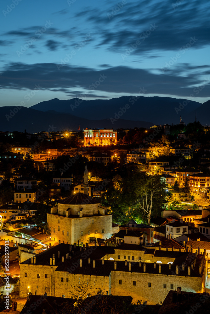 Fototapeta premium Traditional Ottoman Houses in Safranbolu. Safranbolu UNESCO World Heritage Site. Safranbolu night view. Old wooden mansions turkish architecture. Safranbolu night landscape view.