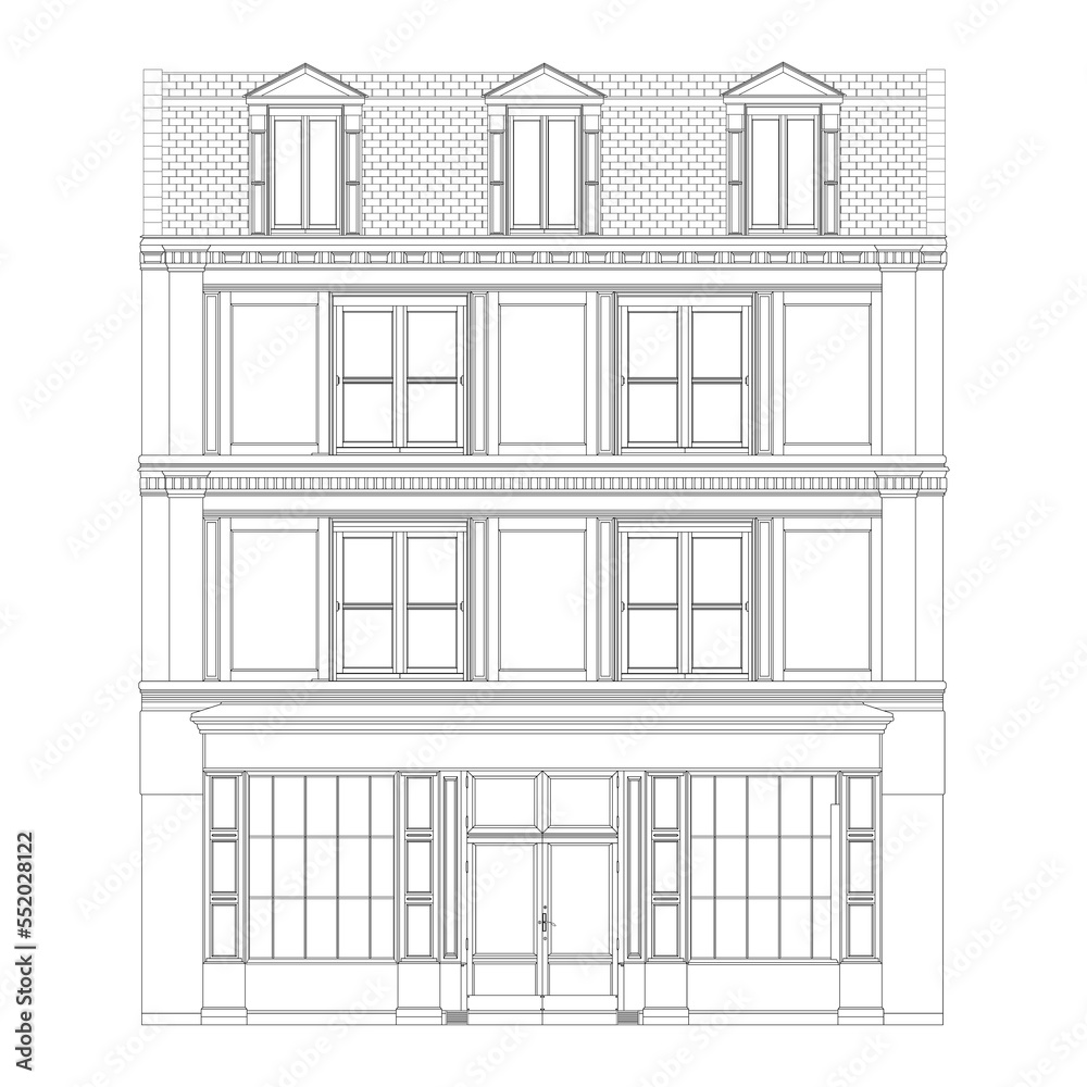 Oldfashioned brick building Coloring Book in realistic style. European facade house front view. PNG illustration.