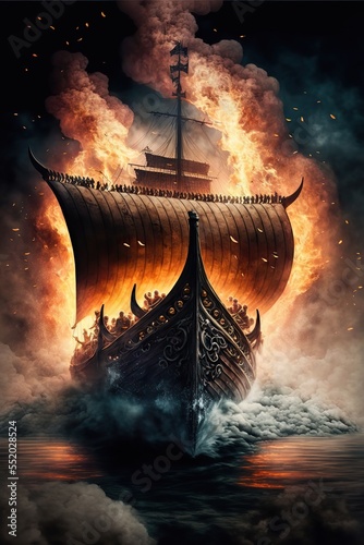 Viking ship sailing at sea, fire burning, Generative AI