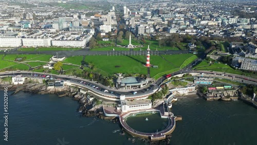 Aerial view of the terrace seafront, Smeaton's Tower lighthouse, the Plymouth Naval memorial and Plymouth. Plymouth, UK. photo