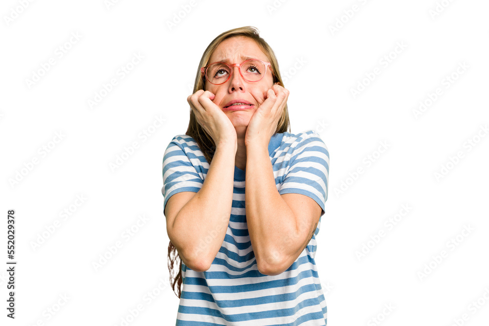 Young caucasian woman cutout isolated crying, unhappy with something, agony and confusion concept. Young caucasian woman cutout isolated crying, unhappy with something, agony and confusion concept.