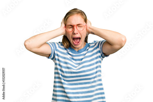 Young caucasian woman cutout isolated covering ears with hands trying not to hear too loud sound.