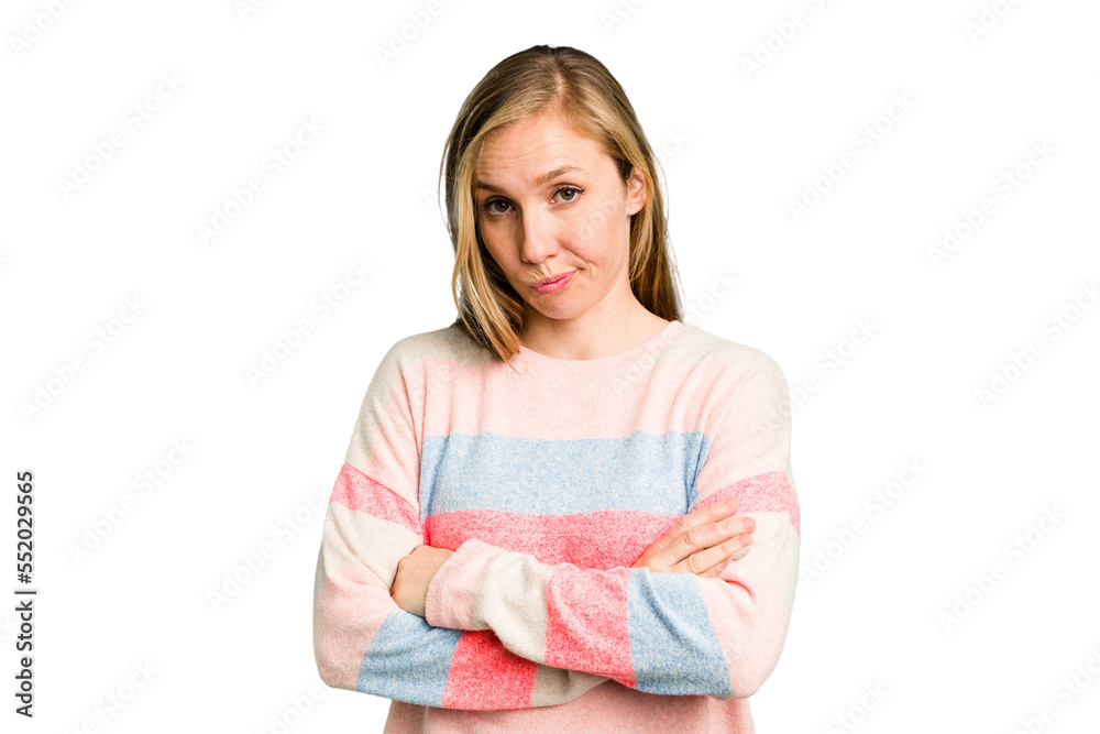 Young caucasian woman cutout isolated who is bored, fatigued and need a relax day. Young caucasian woman cutout isolated who is bored, fatigued and need a relax day.