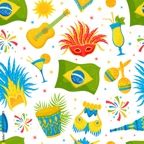 Brazilian Party and Carnival Seamless Pattern Design with Bright Symbols Vector Template