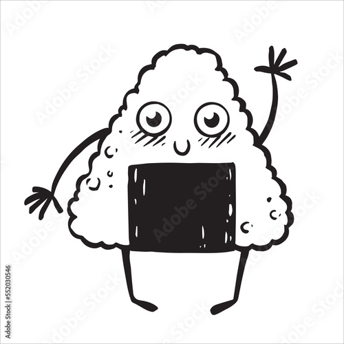 vector drawing in doodle style. cute onigiri character. Japanese kitchen. asian cuisine