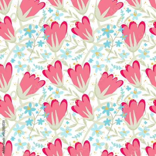 Seamless pattern with flat tulips and blue wildflowers. Colorful flower background. Children funny floral texture.