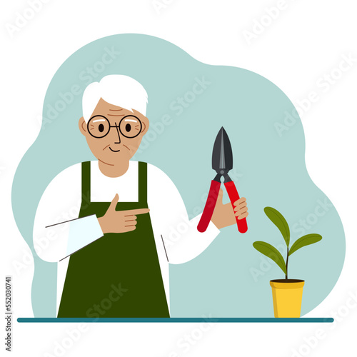 A gardener is a old man in working clothes, he has a pruner in his hand.