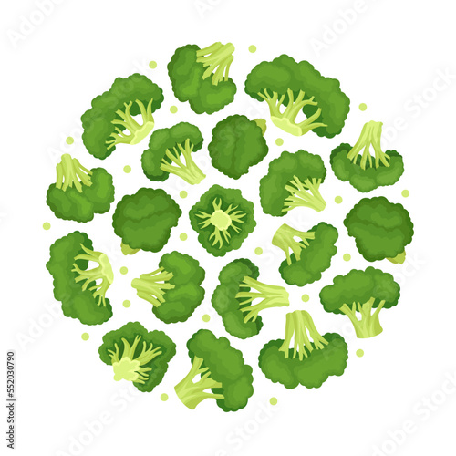 Broccoli Green Vegetable Round Composition with Cabbage Head Vector Template