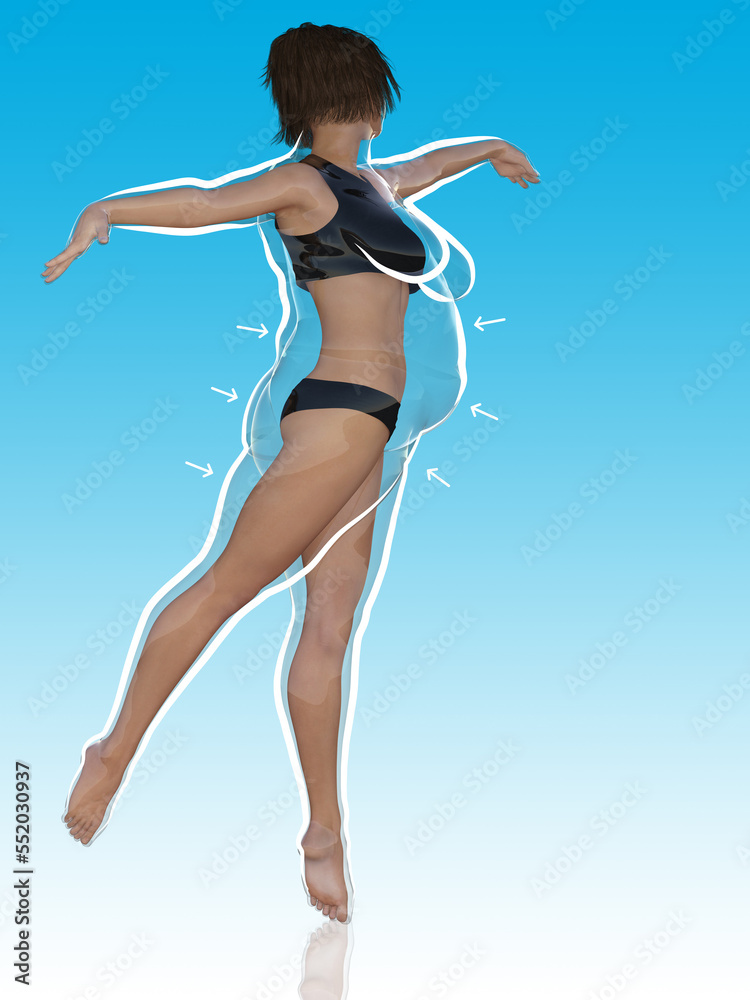 Conceptual fat overweight obese female vs slim fit healthy body after weight loss or diet with white outline and pointing arrows on blue. A fitness, nutrition or obesity, health shape 3D illustration Conceptual fat overweight obese female vs slim fit healthy body after weight loss or diet with white outline and pointing arrows on blue. A fitness, nutrition or obesity, health shape 3D illustration