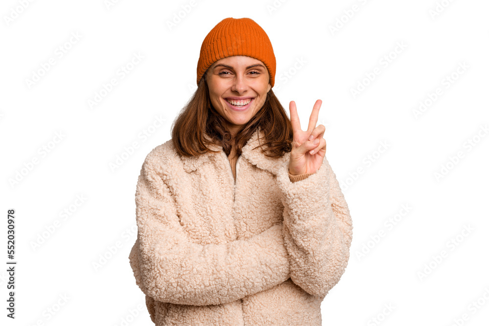 Young caucasian woman wearing winter clothes isolated showing number two with fingers.