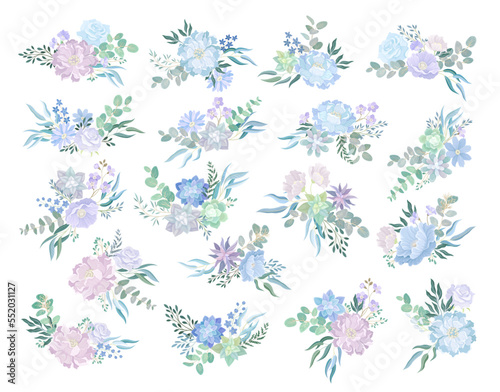Blue Flowers Bouquet and Floral Tender Composition Big Vector Set