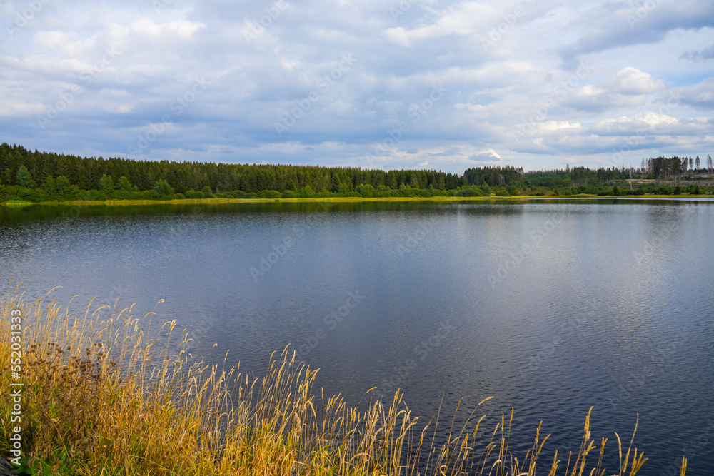 Hirschler pond near Clausthal-Zellerfeld in the Harz Mountains. Landscape with a small lake and idyllic nature.
Hirschler pond near Clausthal-Zellerfeld in the Harz Mountains. Landscape with a small lake and idyllic nature.