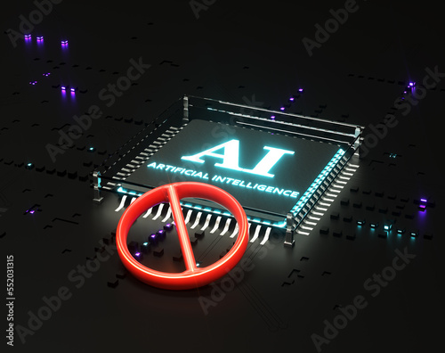 Prohibit AI concept. No Artificial Intelligence illustration. Abstract image of ban AI. NO symbol on AI microchip. Light glows on Dark scene. 3D render.