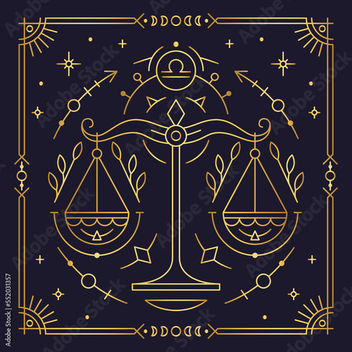 Libra zodiac astrological horoscope golden sign dark navy card. Stylized Scales symbol of esoteric, zodiacal astrological calendar, horoscope constellation thin line vector illustration