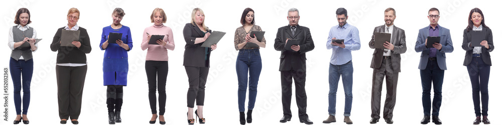 group of successful people with notepad in hands isolated group of successful people with notepad in hands isolated