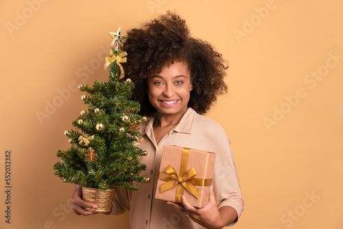 Smiling woman with Christmas tree and gift box