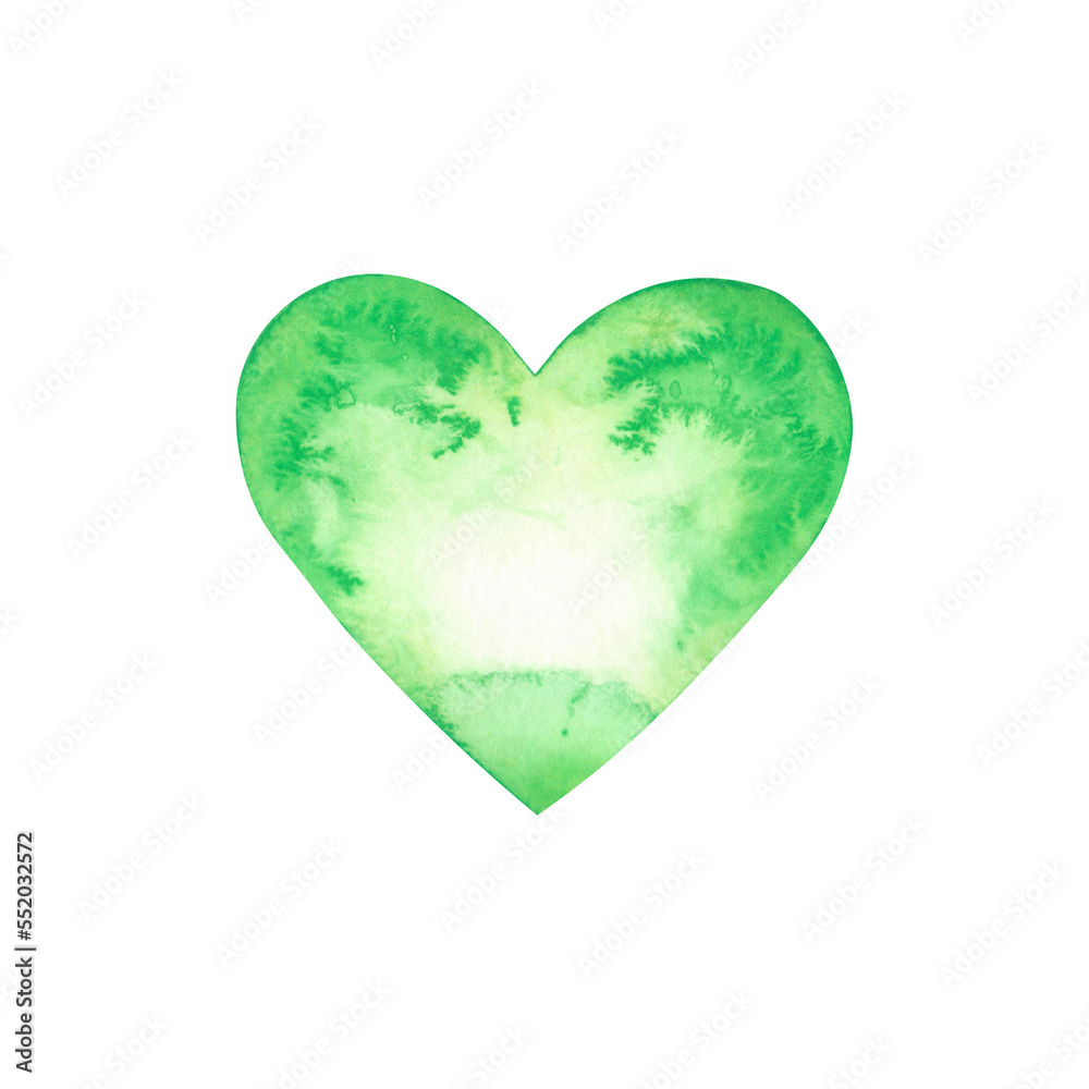 watercolor illustration of green with stains, texture of paint and paper, hearts as nature and the world around, for design, invitation and ecology