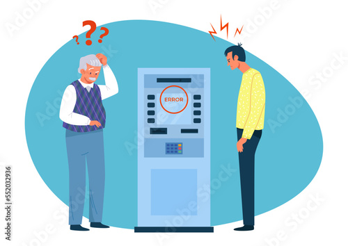 Atm, bank machine error, vector illustration, flat man people character use banking service, wanna get cash currency, make payment with card.