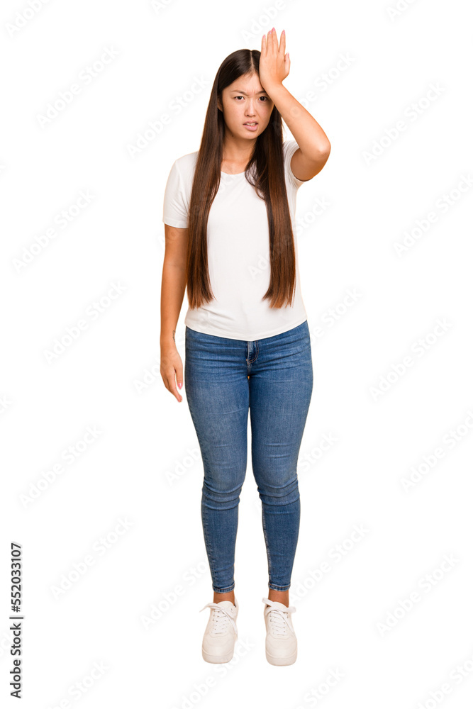 Young asian woman standing, full body cutout isolated forgetting something, slapping forehead with palm and closing eyes. Young asian woman standing, full body cutout isolated forgetting something, slapping forehead with palm and closing eyes.