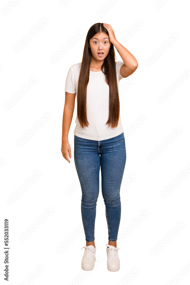Young asian woman standing, full body cutout isolated being shocked, she has remembered important meeting. Young asian woman standing, full body cutout isolated being shocked, she has remembered important meeting.
