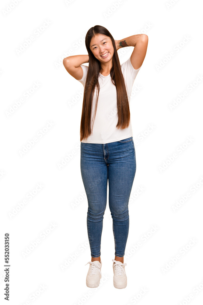 Young asian woman standing, full body cutout isolated stretching arms, relaxed position. Young asian woman standing, full body cutout isolated stretching arms, relaxed position.