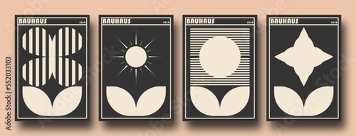 Retro futuristic Bauhaus Inspired flowers posters. Collection of abstract graphic geometric symbols, shapes and objects in y2k style / Brutalism bold style. Abstract geometric bauhaus swiss style.