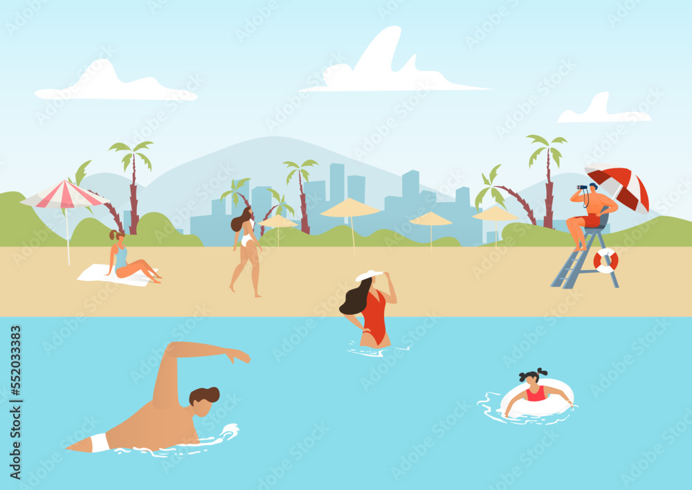 Beach lifeguard watching people, vector illustration. Man woman character swim at summer sea water, travel vacation near ocean coast.