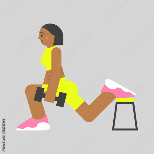 Woman in gym doing bulgarian split squat exercise. Flat female character at glute routine workout in trendy neon sportwear suit with dumbbell. Minimal vector illustration for healthy graphic design.