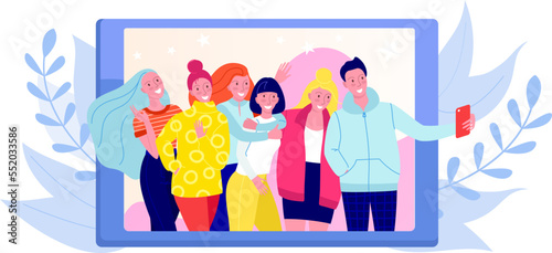 Friends making photo, selfie foto shot of group of young happy people vector illustration. Girls and boys posing taking photos.