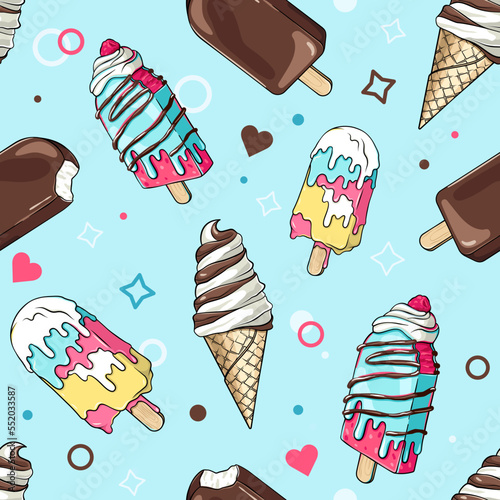 Ice cream cone, popsicle, eskimo seamless pattern, dessert background, comic style lineart drawing