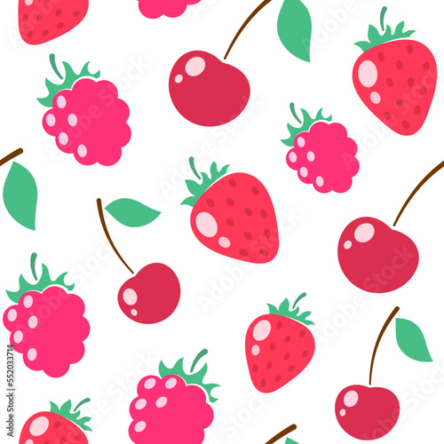 Seamless pattern with cherries, raspberries and strawberries, simple illustration