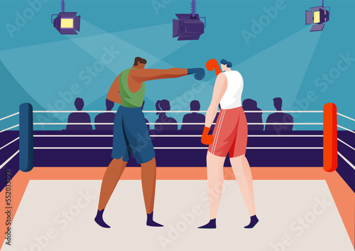 Fight boxing in ring concept, vector illustration. Flat man fighter character at box competition, professional match at arena. Boxer person punch