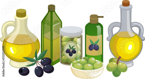 Olive oil bottles products and decorations olives branch, jars and bottles cartoon vector illustration, web page.