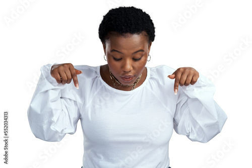 PNG shot of a young woman pointing down while standing.