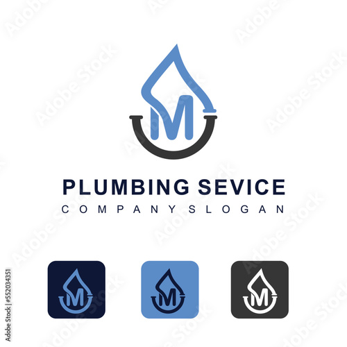 Initial Letter M with Water Shape Icon for Plumbing Service Business Logo Design Template