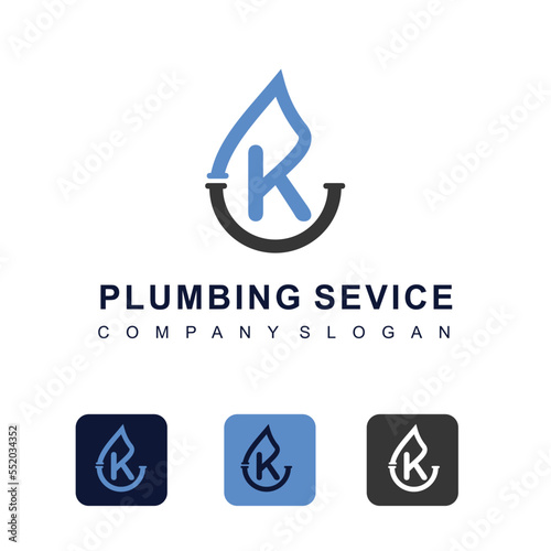 Initial Letter K with Water Shape Icon for Plumbing Service Business Logo Design Template