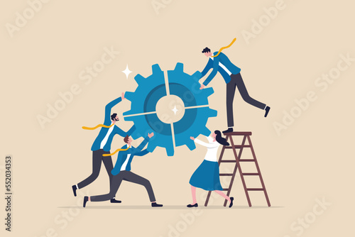 Business integration, partnership to get solution, connection or teamwork, work efficiency, optimization or organization concept, business people team colleagues connecting cogwheel gear together.