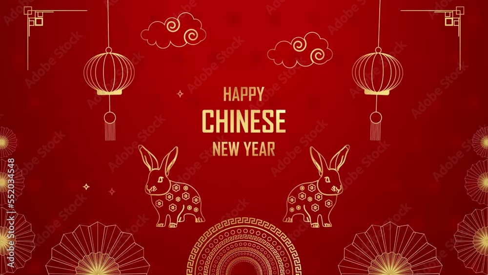 Happy Lunar New Year Year of the Rabbit golden and red background Motion Graphic animated template.