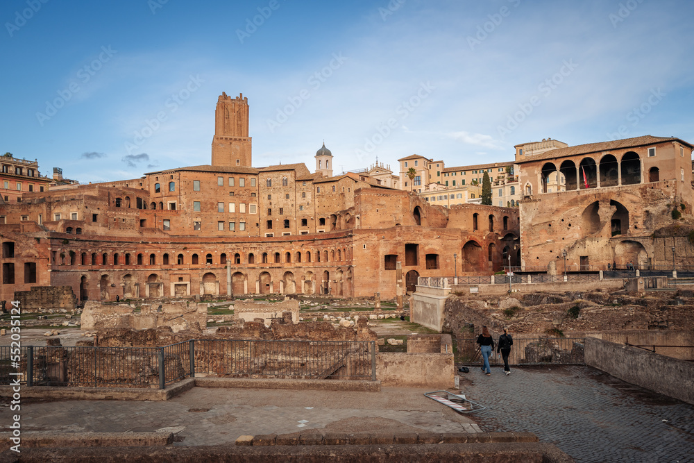Rome, Italy- November 2022: The beautiful ruins and architectures by the Fori Imperiali parc