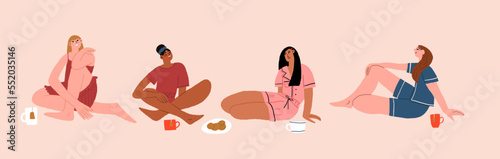 Vector set of beautiful women of different ethnicity and skin color wearing pajamas and drinking tea. Girlfriends in pajamas. Bedtime illustrations of women isolated on beige. Vector illustration