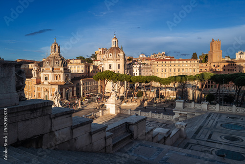 Rome, Italy- November 2022: The beautiful ruins and architectures by the Fori Imperiali parc