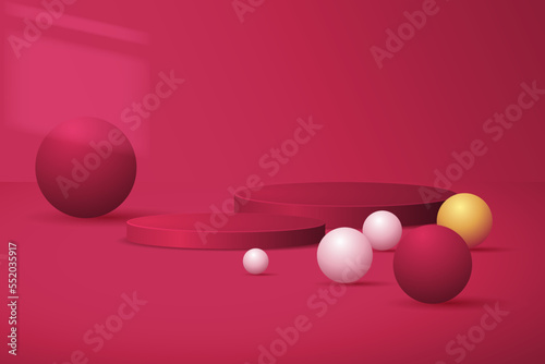 3d display product abstract minimal scene with geometric podium platform. Color of the year 3d background rendering with podium. Stage showcase on pedestal 3d viva magenta studio