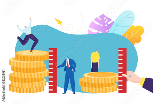Business people income difference concept, vector illustration, social inequality between flat tiny man character stand at money coin, salary.