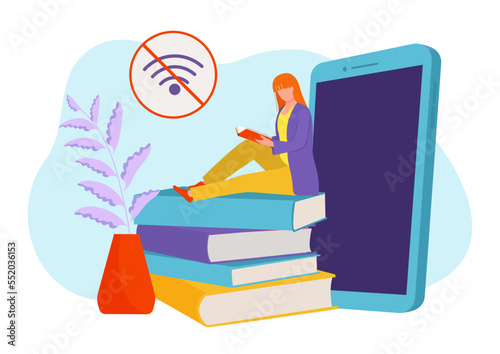 Digital detox concept, vector illustration, relax from digital smartphone, lifestyle without online communication in internet, flat tiny woman