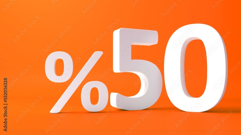 Word %50 sale on orange background. %50 3d text. 3d rendering. Word %50 sale on orange background. %50 3d text. 3d rendering.