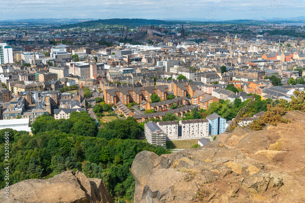 View of Edinburgh city from Arthur's Seat,in the summer sun,Scotland,UK.
