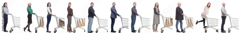 group of people with cart looking at camera isolated group of people with cart looking at camera isolated