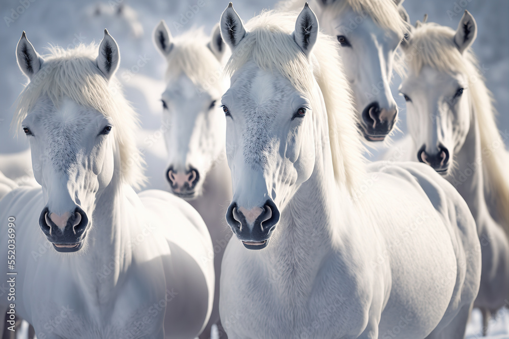 Allwhite horses standing in high snow. Digital artwork Stock